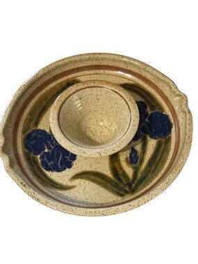 Handcrafted Signed Pottery Chip & Dip Platter With Floral Design 11.5" Diameter